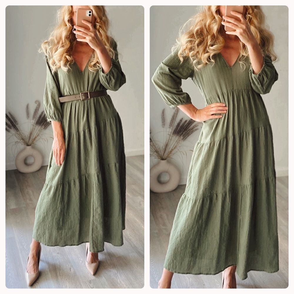 Zara Textured Green Dress Midi New - Picture 2 of 6
